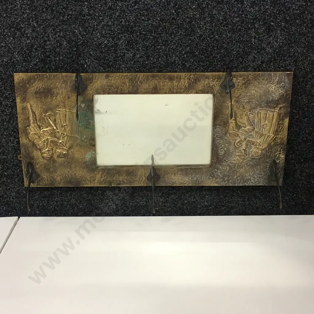 Brass Art Wall Hung Coat Rack Repousse Figural With Mirror Image 1++