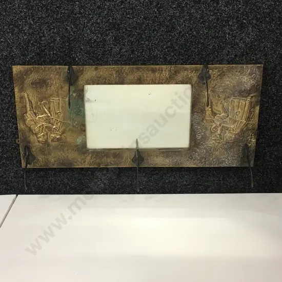 Brass Art Wall Hung Coat Rack Repousse Figural With Mirror
