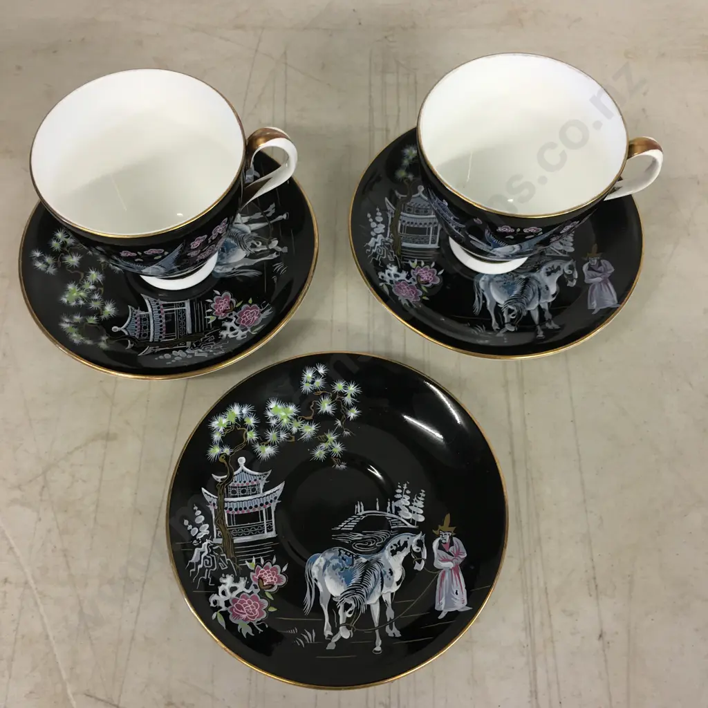 Vintage 1950s Royal Albert Oriental Black Footed Cup & Saucer Sets x 2 With An Extra Saucer Image 1++