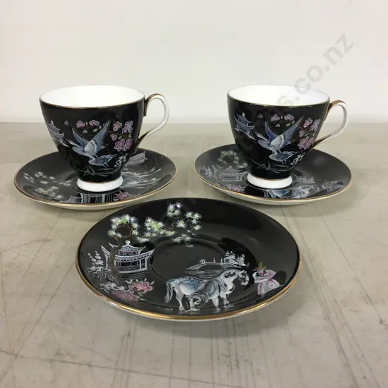 Vintage 1950s Royal Albert Oriental Black Footed Cup & Saucer Sets x 2 With An Extra Saucer