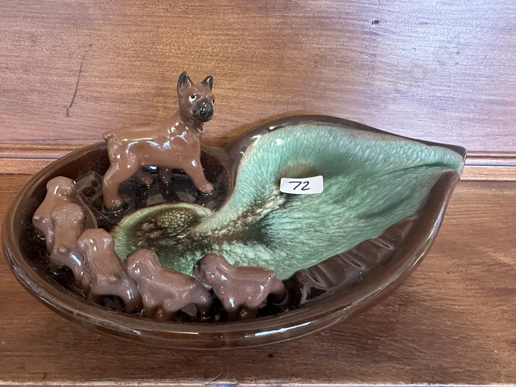 Vintage Mid Century TILSO Japan Boxer Dog and Pups Ceramic Glazed Ashtray 8 x 22cm Image 1++