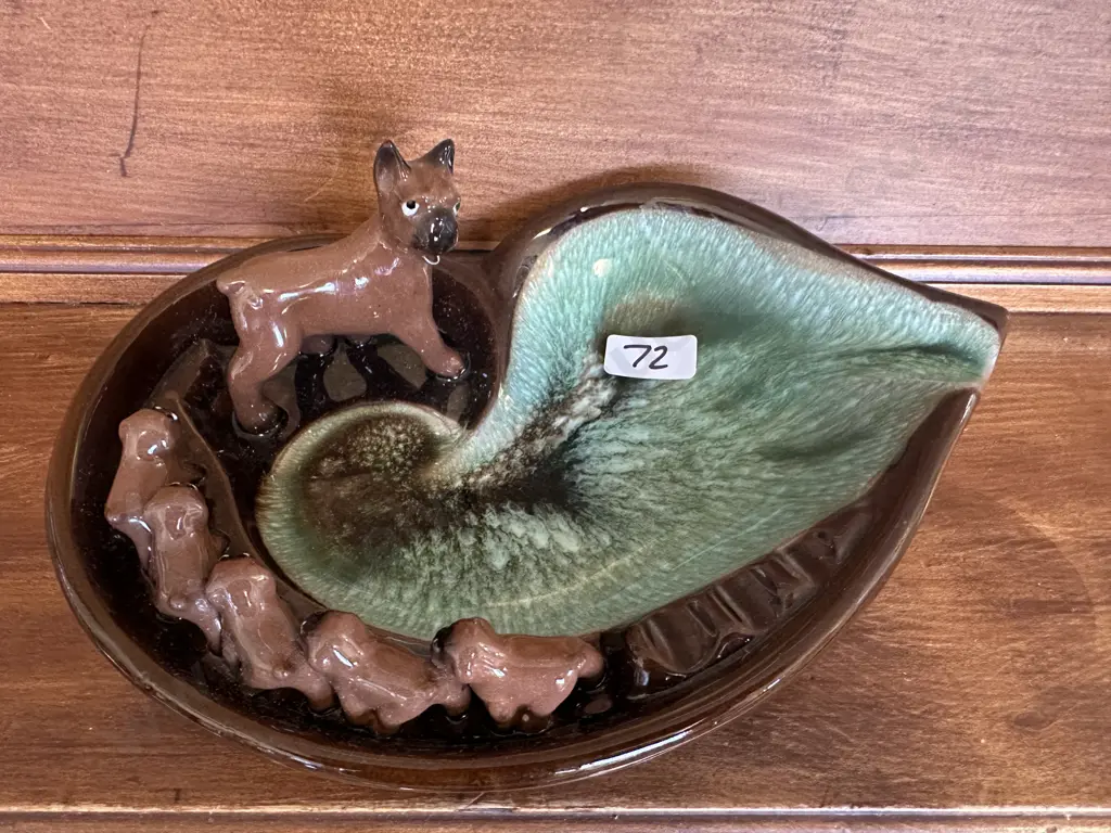 Vintage Mid Century TILSO Japan Boxer Dog and Pups Ceramic Glazed Ashtray 8 x 22cm Image 1++