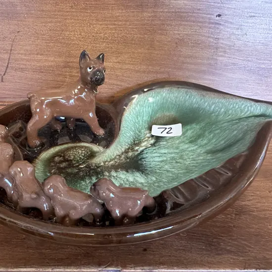 Vintage Mid Century TILSO Japan Boxer Dog and Pups Ceramic Glazed Ashtray 8 x 22cm