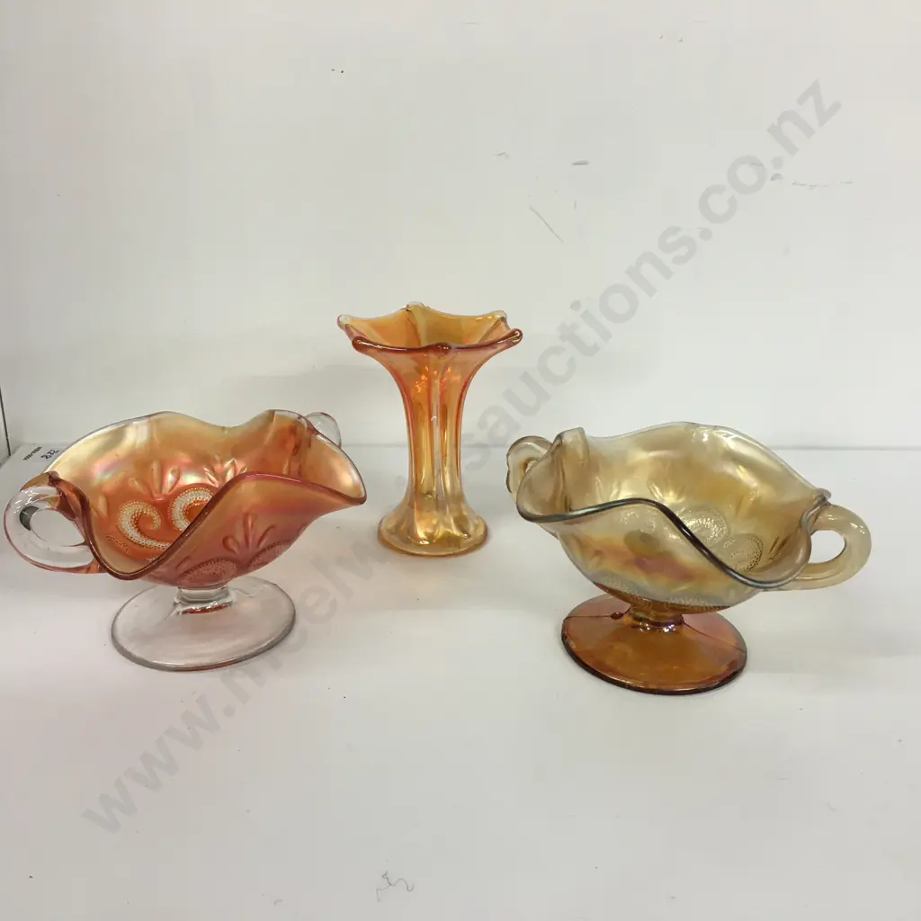 Stunning Dugan Question Mark Pattern Carnival Glass Bonbon Dishes & Vase Image 1++
