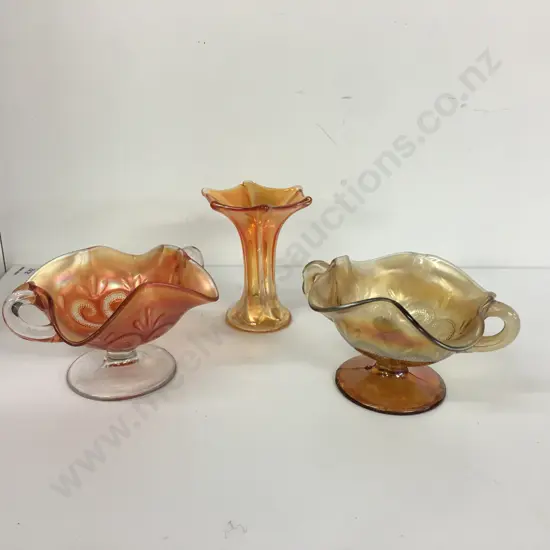 Stunning Dugan Question Mark Pattern Carnival Glass Bonbon Dishes & Vase