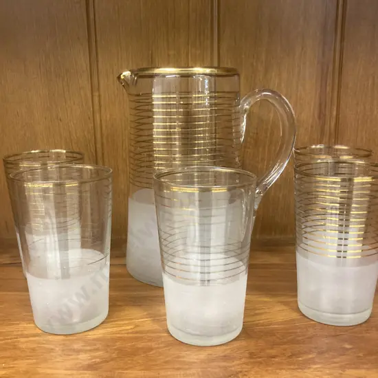 Art Deco Glass Pitcher With 5 Matching Drinking Glasses