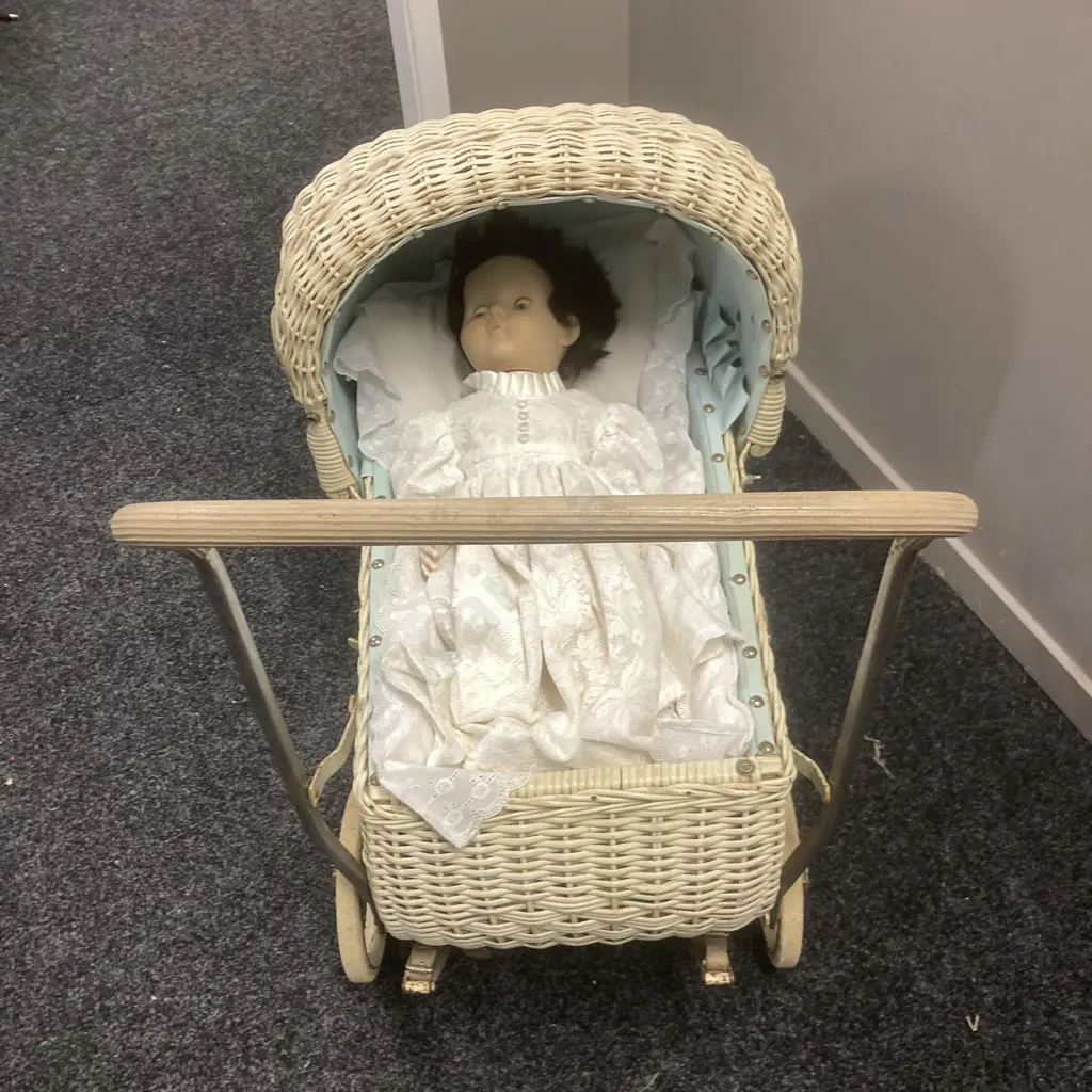 Vintage Woven Cane Dolls Pram & 1950s Pedigree Walkie Talkie Doll Image 1++