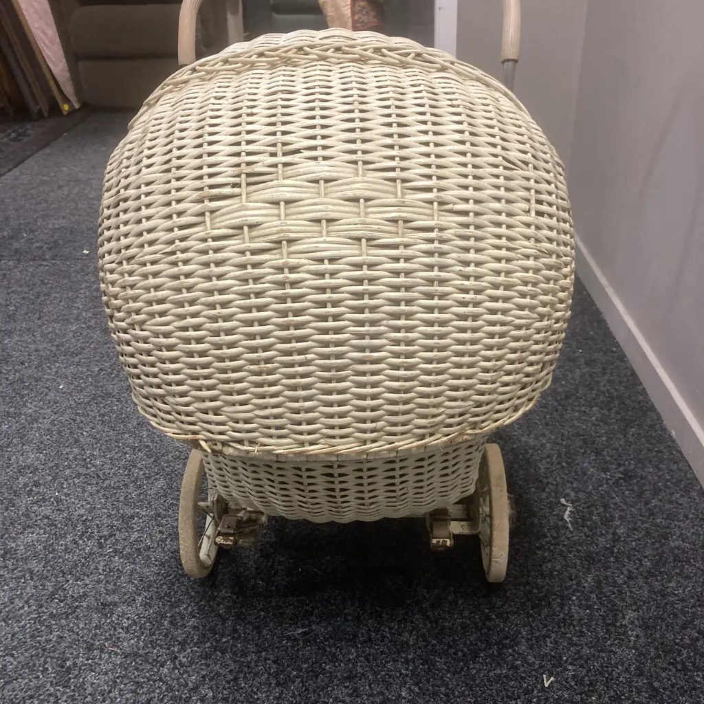 Vintage Woven Cane Dolls Pram & 1950s Pedigree Walkie Talkie Doll Image 1++