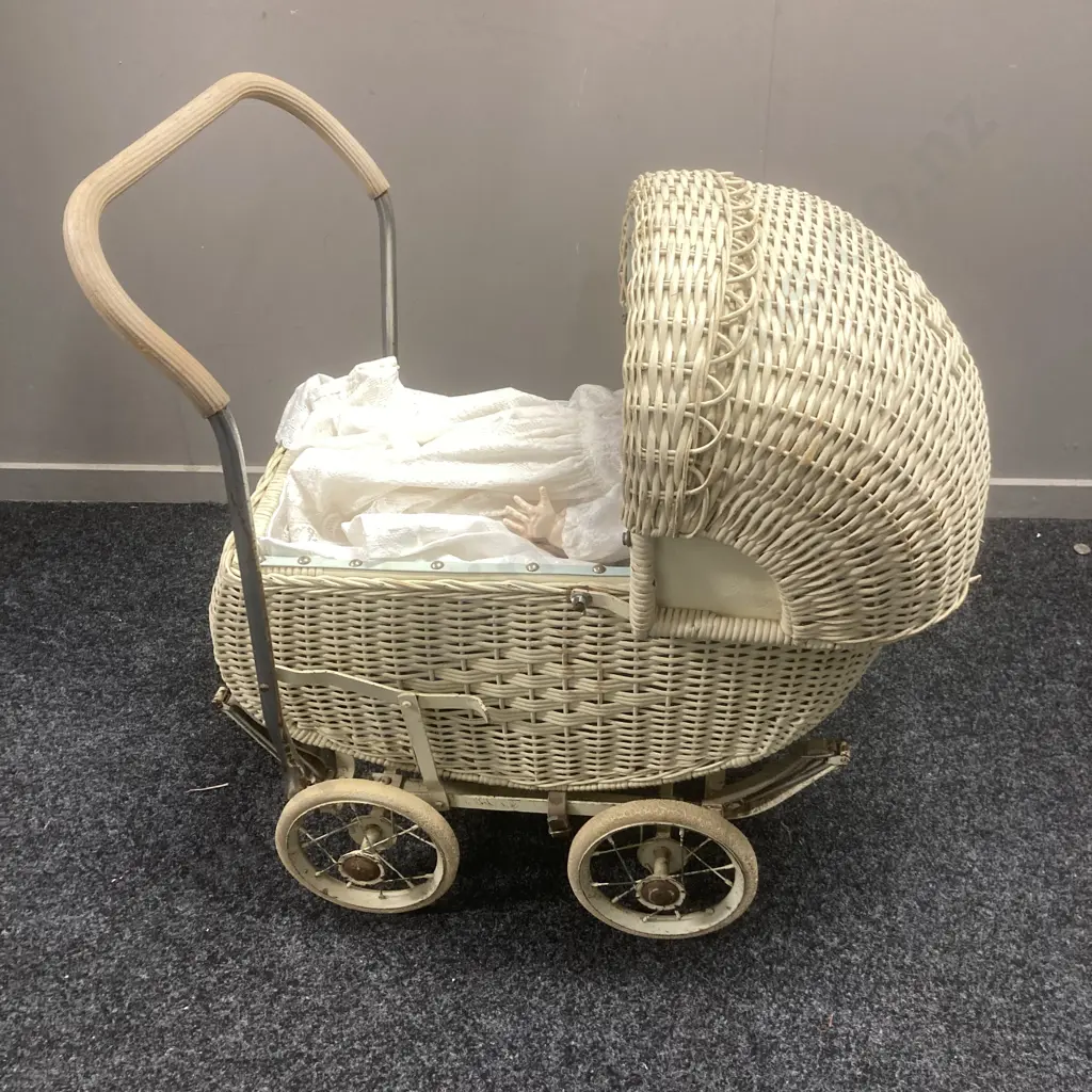 Vintage Woven Cane Dolls Pram & 1950s Pedigree Walkie Talkie Doll Image 1++