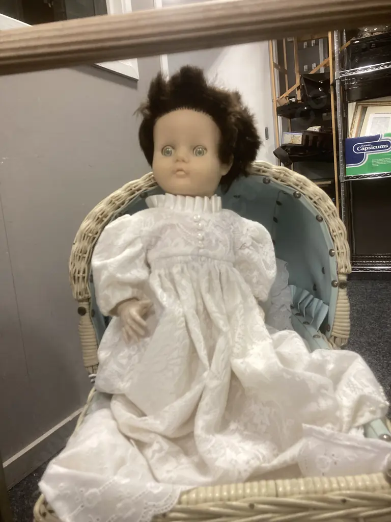 Vintage Woven Cane Dolls Pram & 1950s Pedigree Walkie Talkie Doll Image 1++