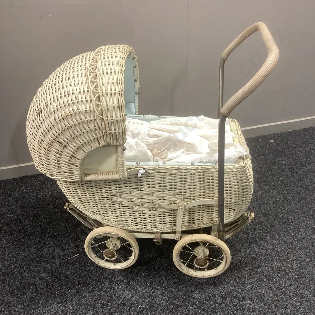 Vintage Woven Cane Dolls Pram & 1950s Pedigree Walkie Talkie Doll Image 1++