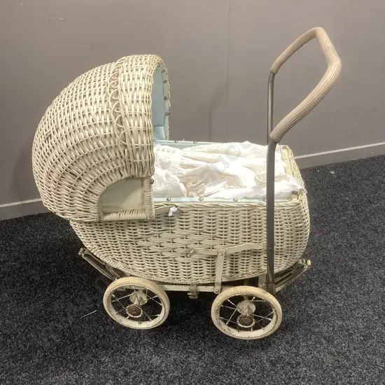 Vintage Woven Cane Dolls Pram & 1950s Pedigree Walkie Talkie Doll