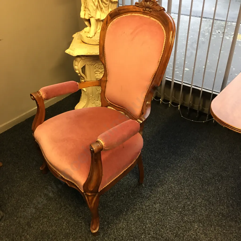 Victorian Lounge Chair, Pink Upholstery, Heavily Carved, Armed Image 1++