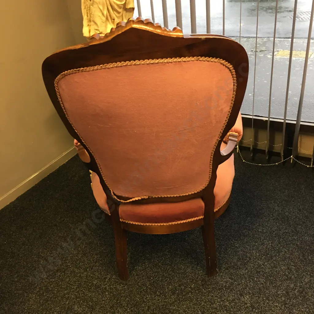 Victorian Lounge Chair, Pink Upholstery, Heavily Carved, Armed Image 1++