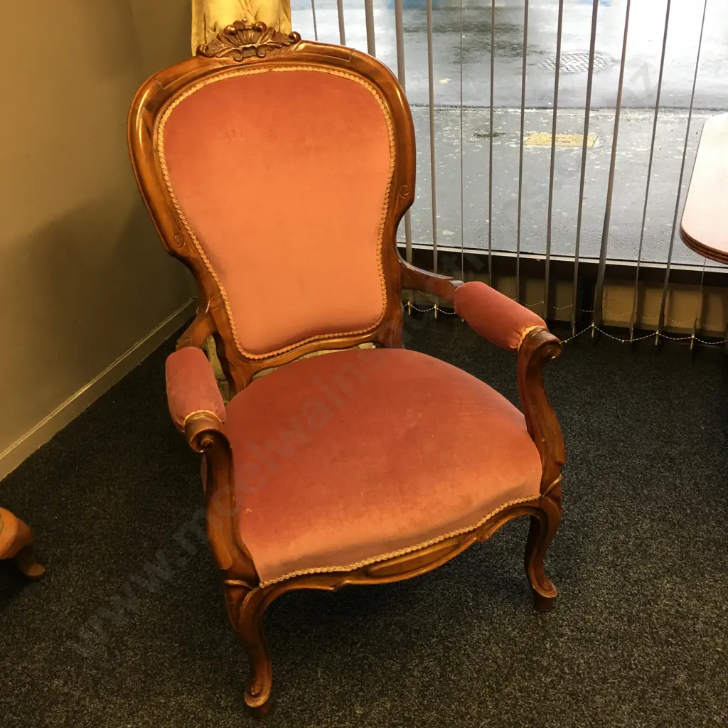 Victorian Lounge Chair, Pink Upholstery, Heavily Carved, Armed Image 1++