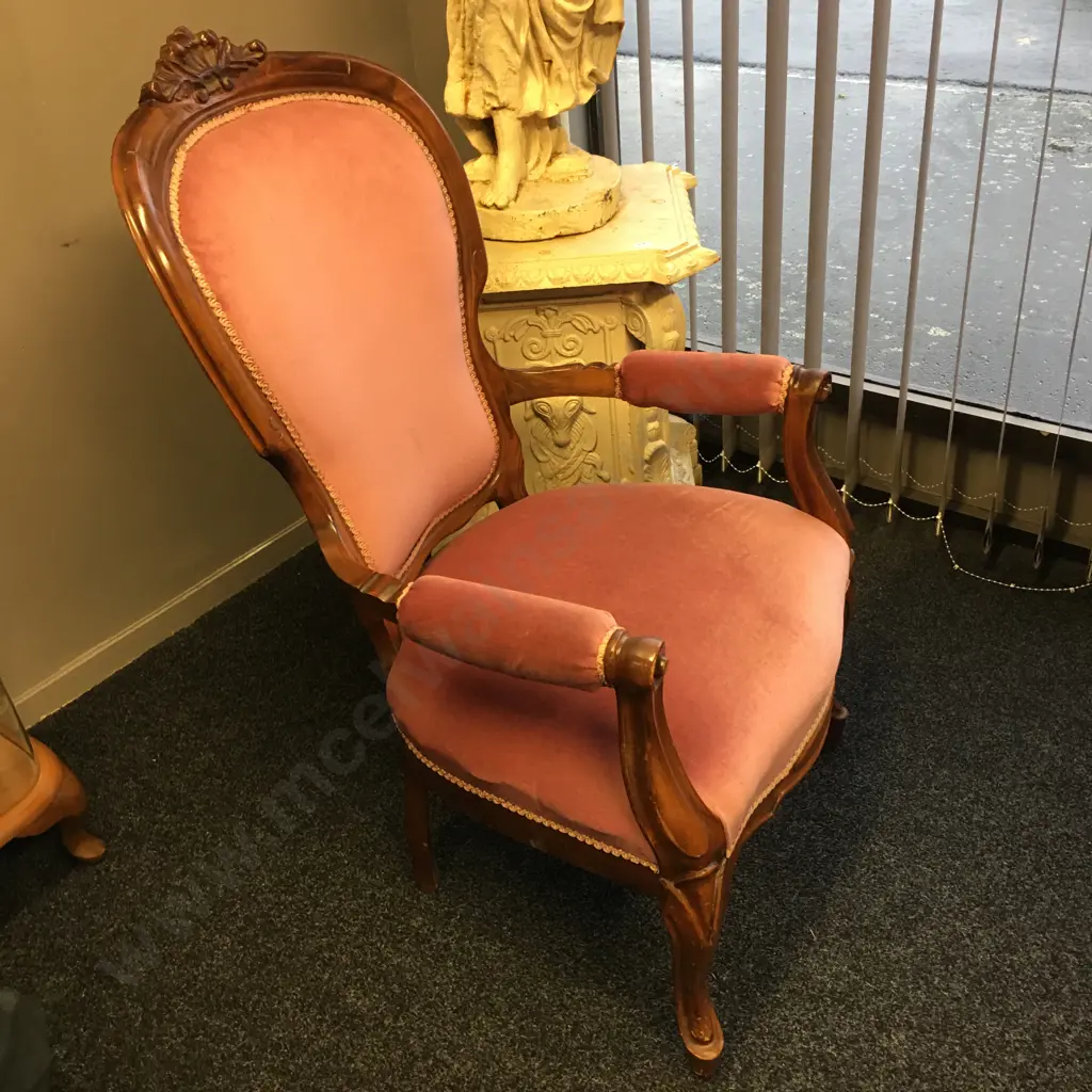 Victorian Lounge Chair, Pink Upholstery, Heavily Carved, Armed Image 1++