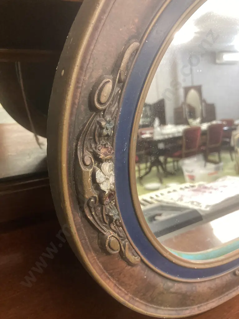 Antique Walnut Framed Oval Mirror With Raised Floral Detail, 41 x 61cm Image 1++