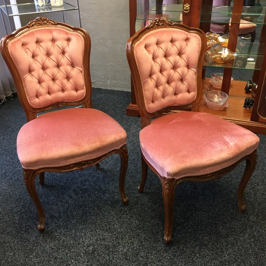 Pair of Antique Pink Button Back Mahogany Dining Chairs Image 1++