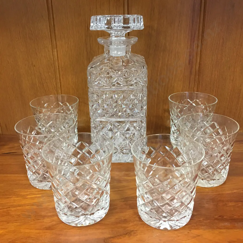 Crystal Decanter & Six Whiskey Tumblers (af to one)  Image 1++