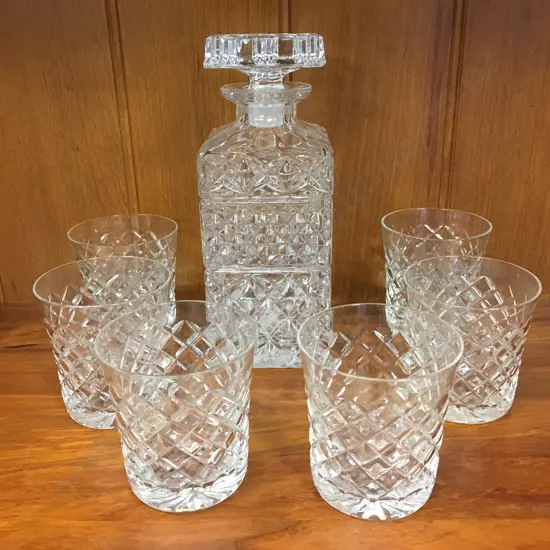 Crystal Decanter & Six Whiskey Tumblers (af to one) 