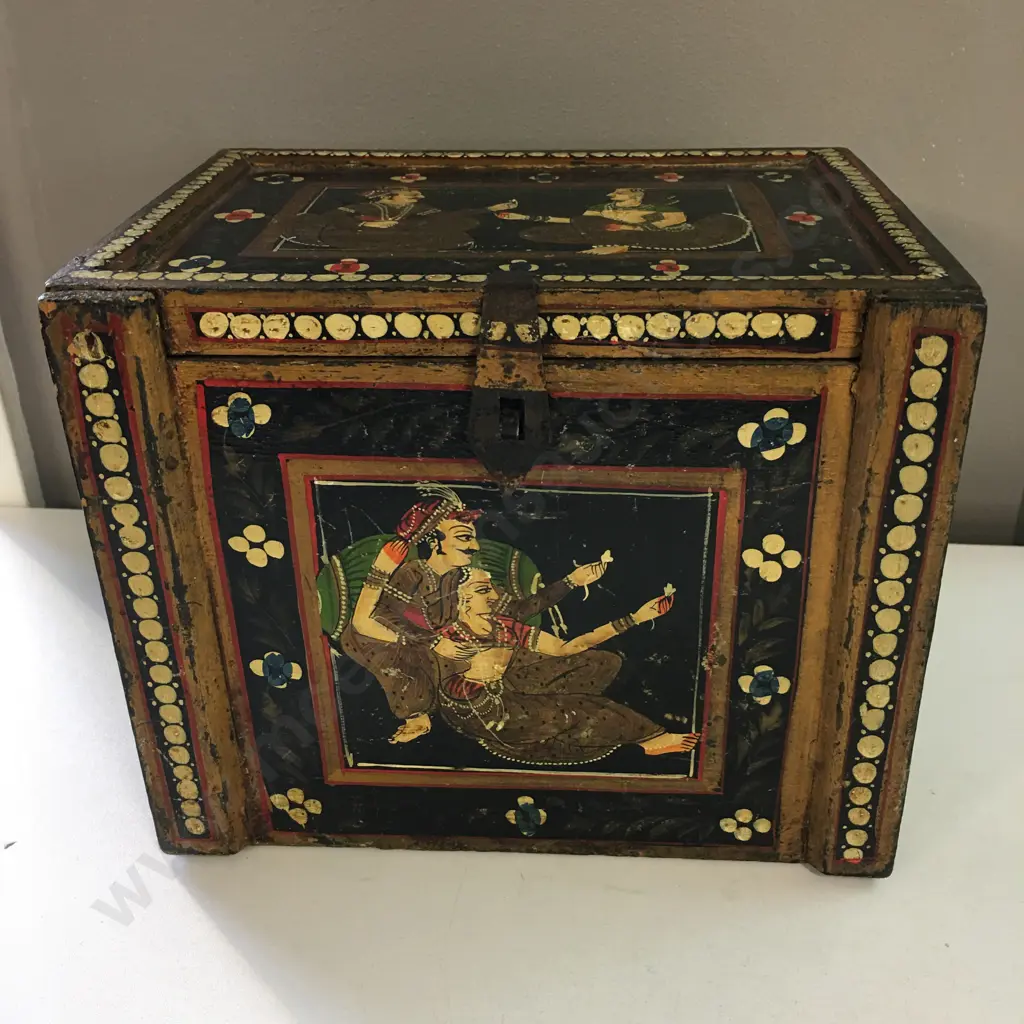 Vintage Jewellery Box With Pull Down Front & Three Compartments Figurative & Floral Detail H16.5,W20,D15cm. Image 1++