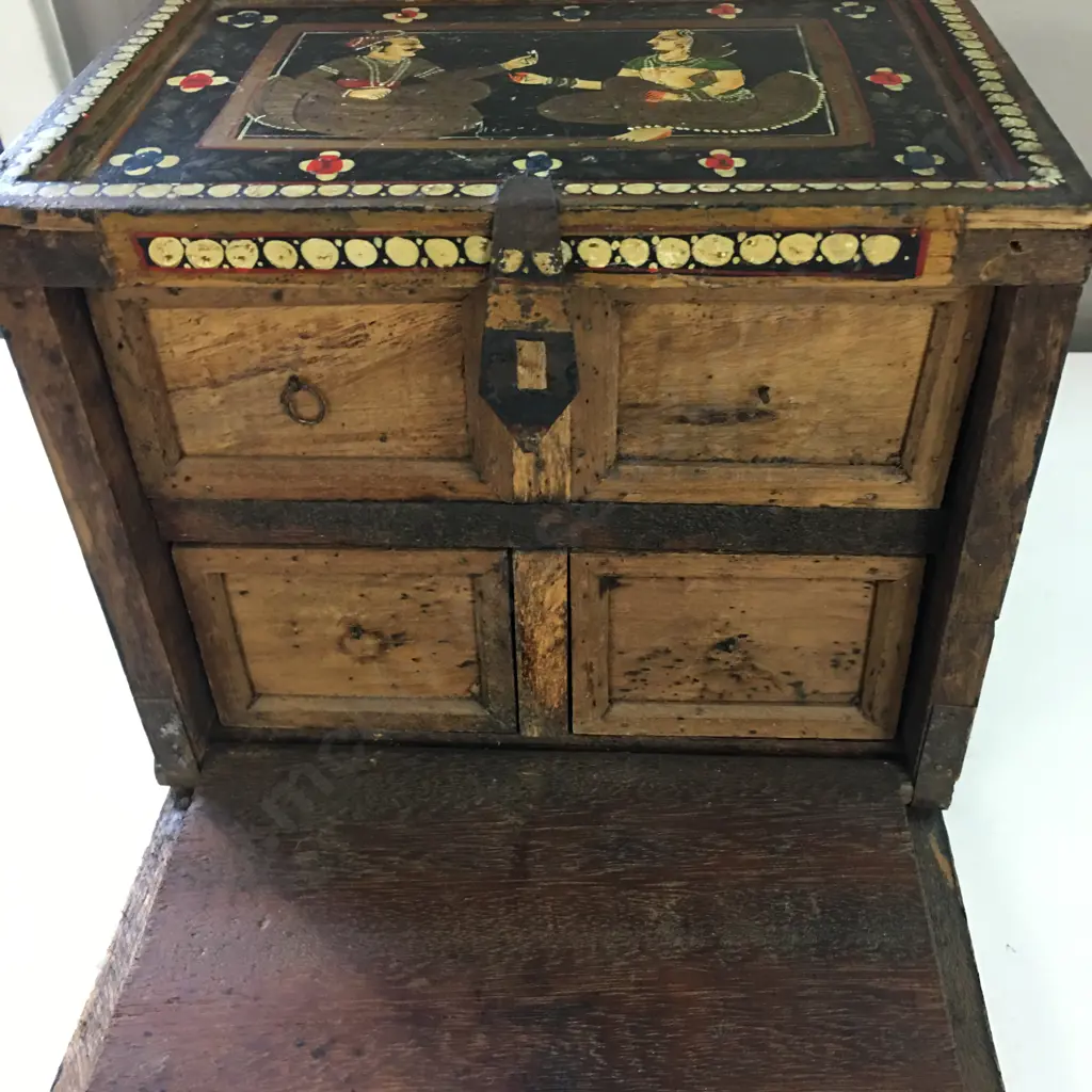 Vintage Jewellery Box With Pull Down Front & Three Compartments Figurative & Floral Detail H16.5,W20,D15cm. Image 1++