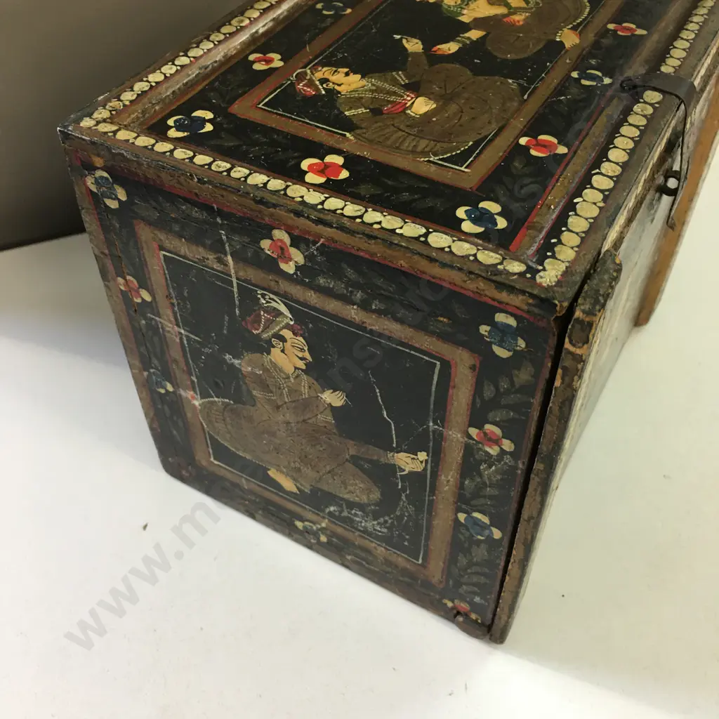 Vintage Jewellery Box With Pull Down Front & Three Compartments Figurative & Floral Detail H16.5,W20,D15cm. Image 1++