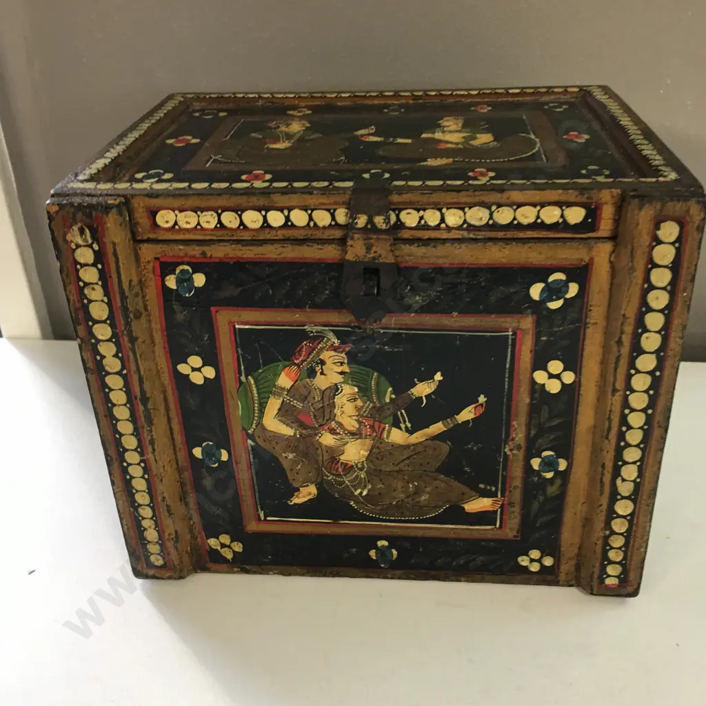Vintage Jewellery Box With Pull Down Front & Three Compartments Figurative & Floral Detail H16.5,W20,D15cm. Image 1++