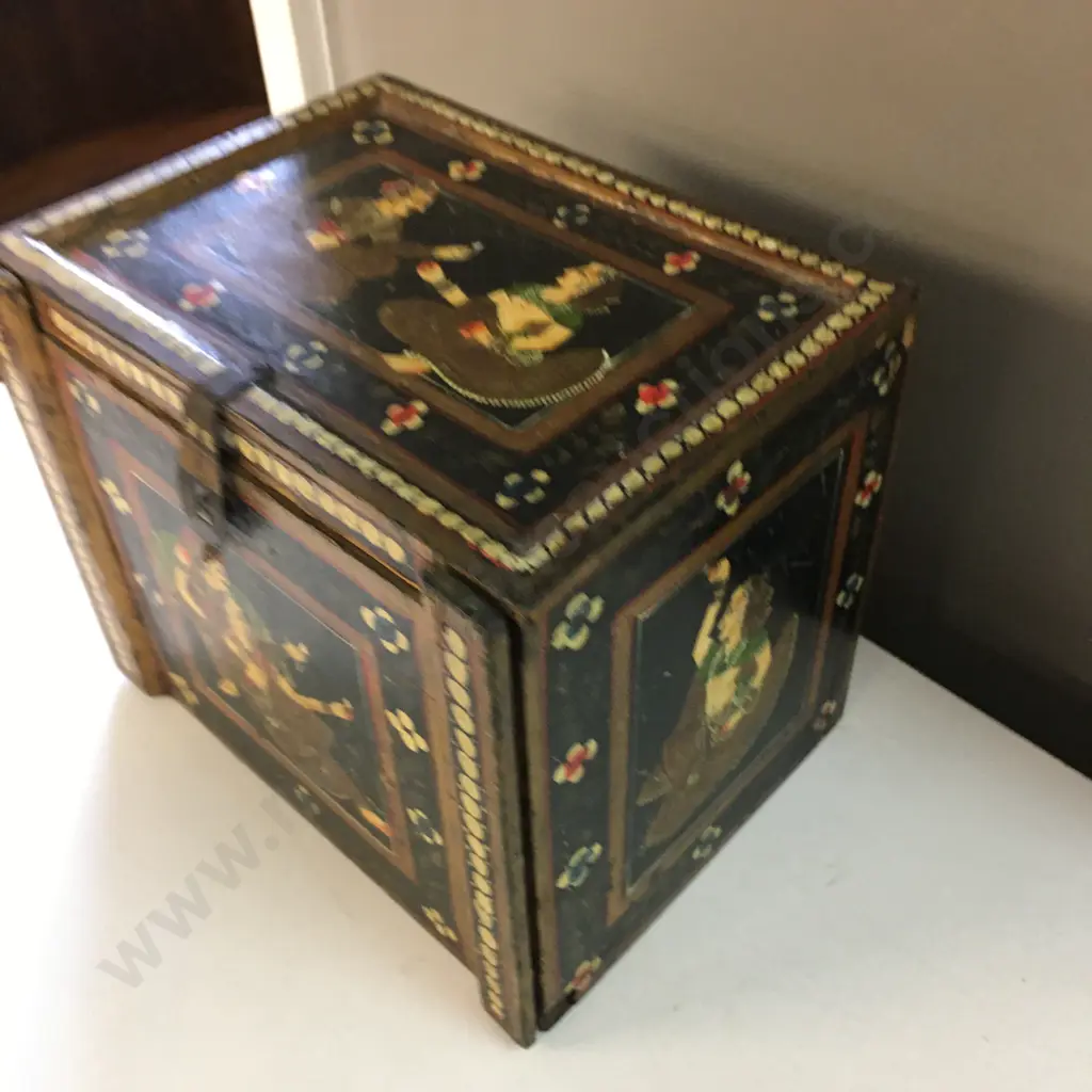 Vintage Jewellery Box With Pull Down Front & Three Compartments Figurative & Floral Detail H16.5,W20,D15cm. Image 1++