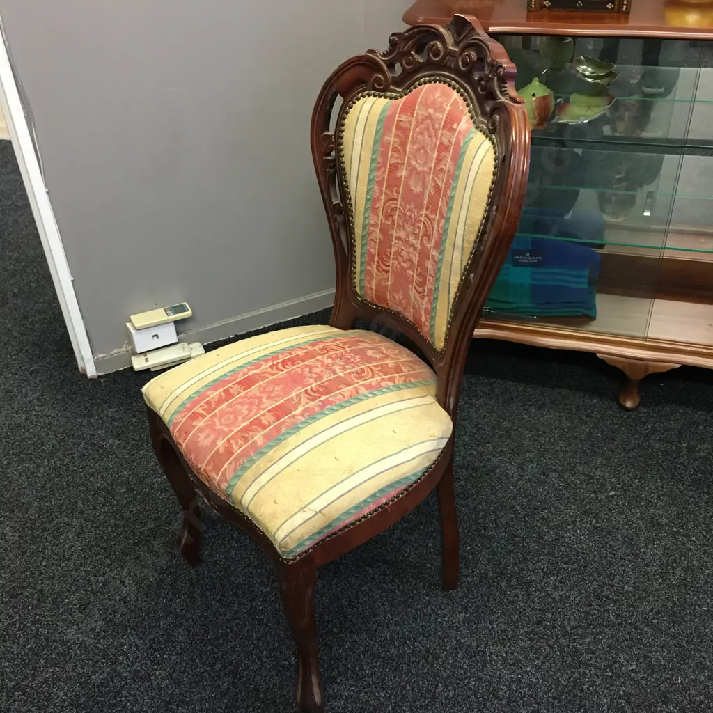 Ornate Carved Dining Chair, Metal Domed Fabric Back Image 1++
