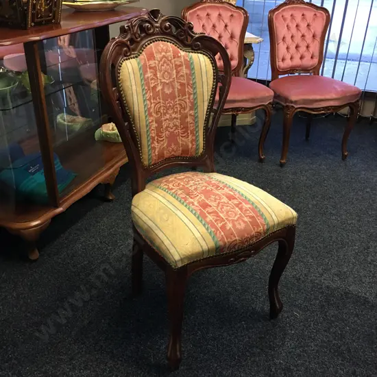 Ornate Carved Dining Chair, Metal Domed Fabric Back