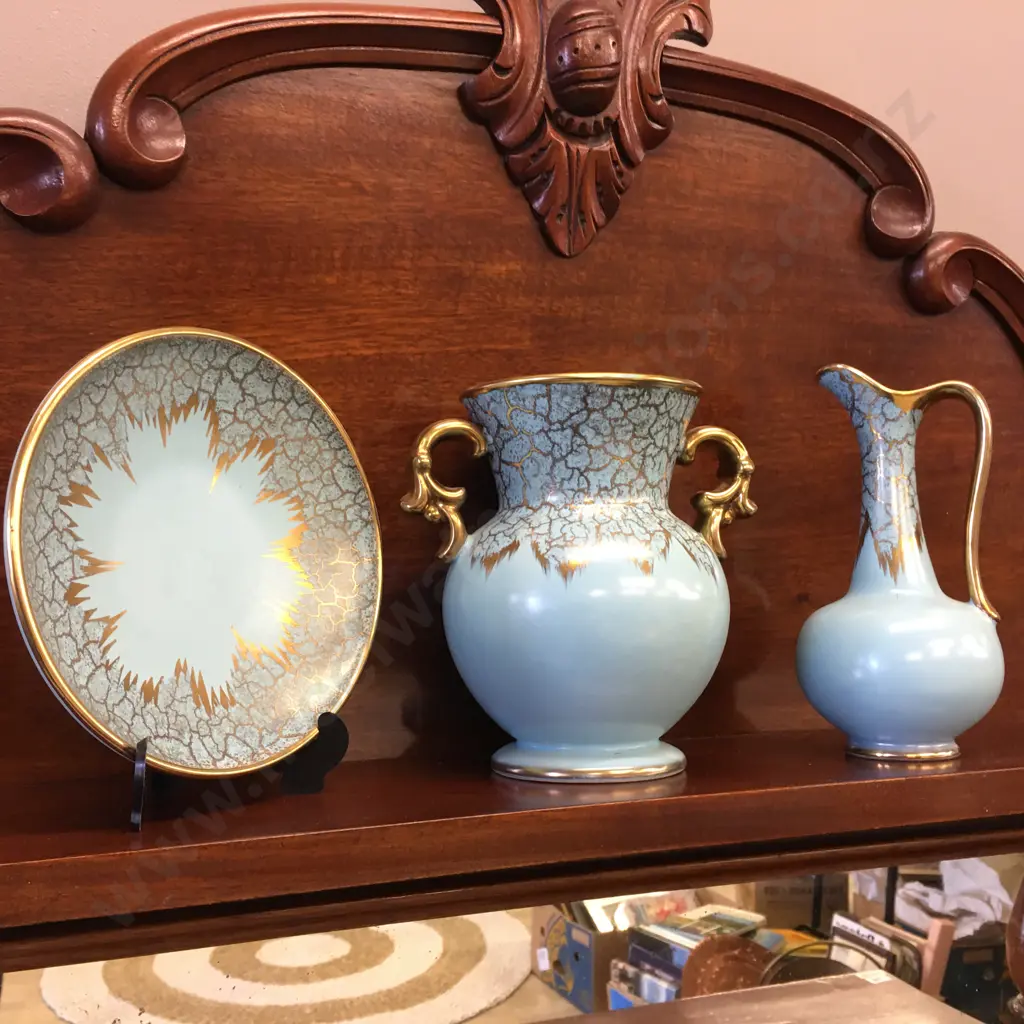 German Vase, Jug & Plate Aqua With Gilt Detail   Image 1++