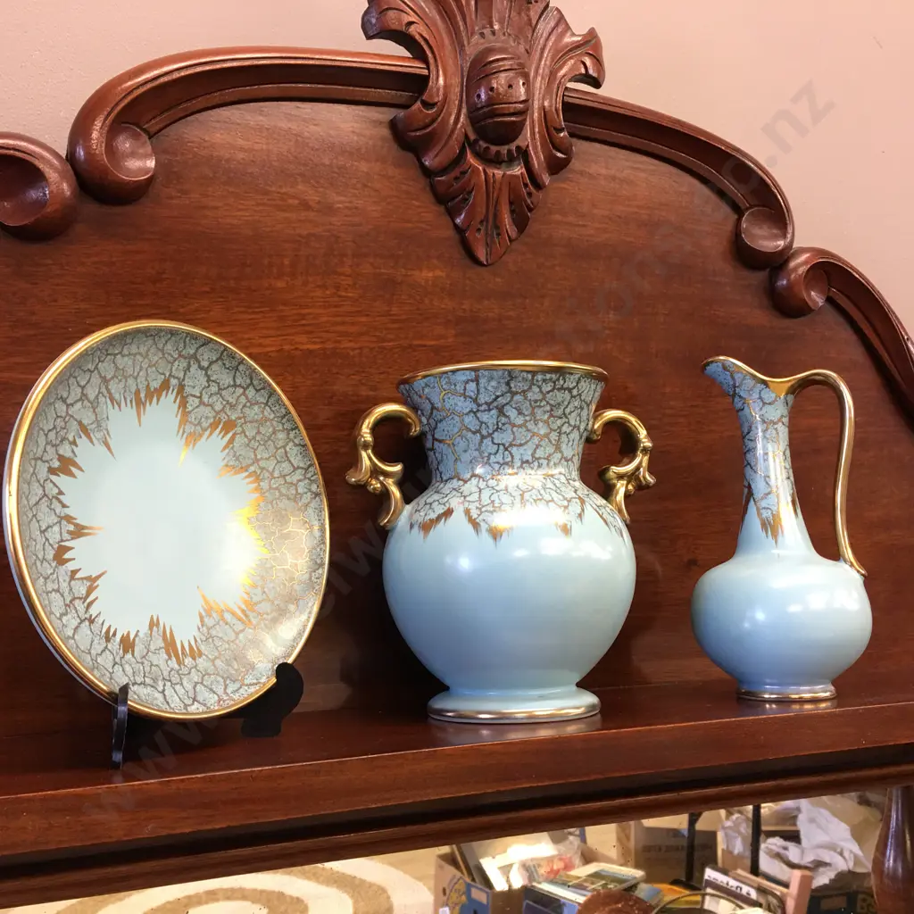 German Vase, Jug & Plate Aqua With Gilt Detail   Image 1++