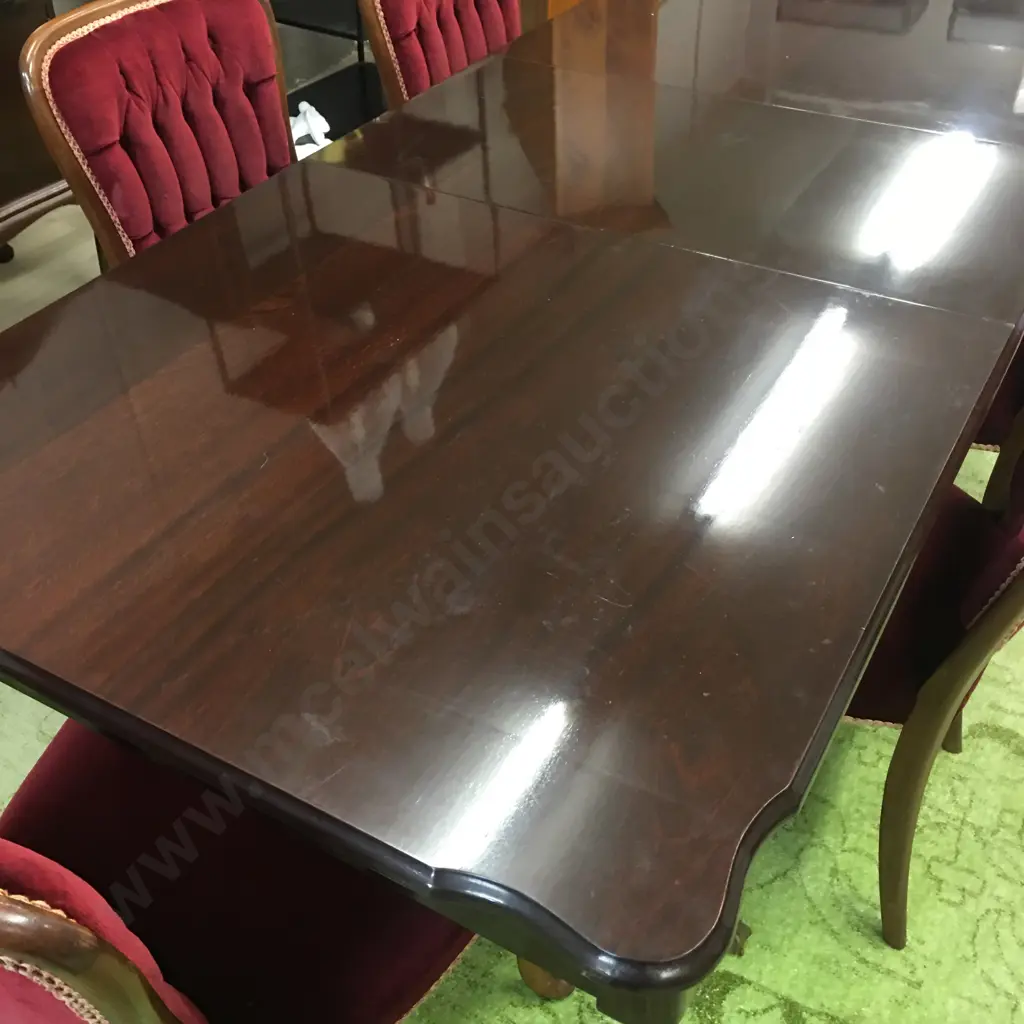 "Du Burg" Mahogany Extension Table, Double Pedestal Brass Claw Feet & 6 Red Velvet Button Back Dining Chairs Image 1++