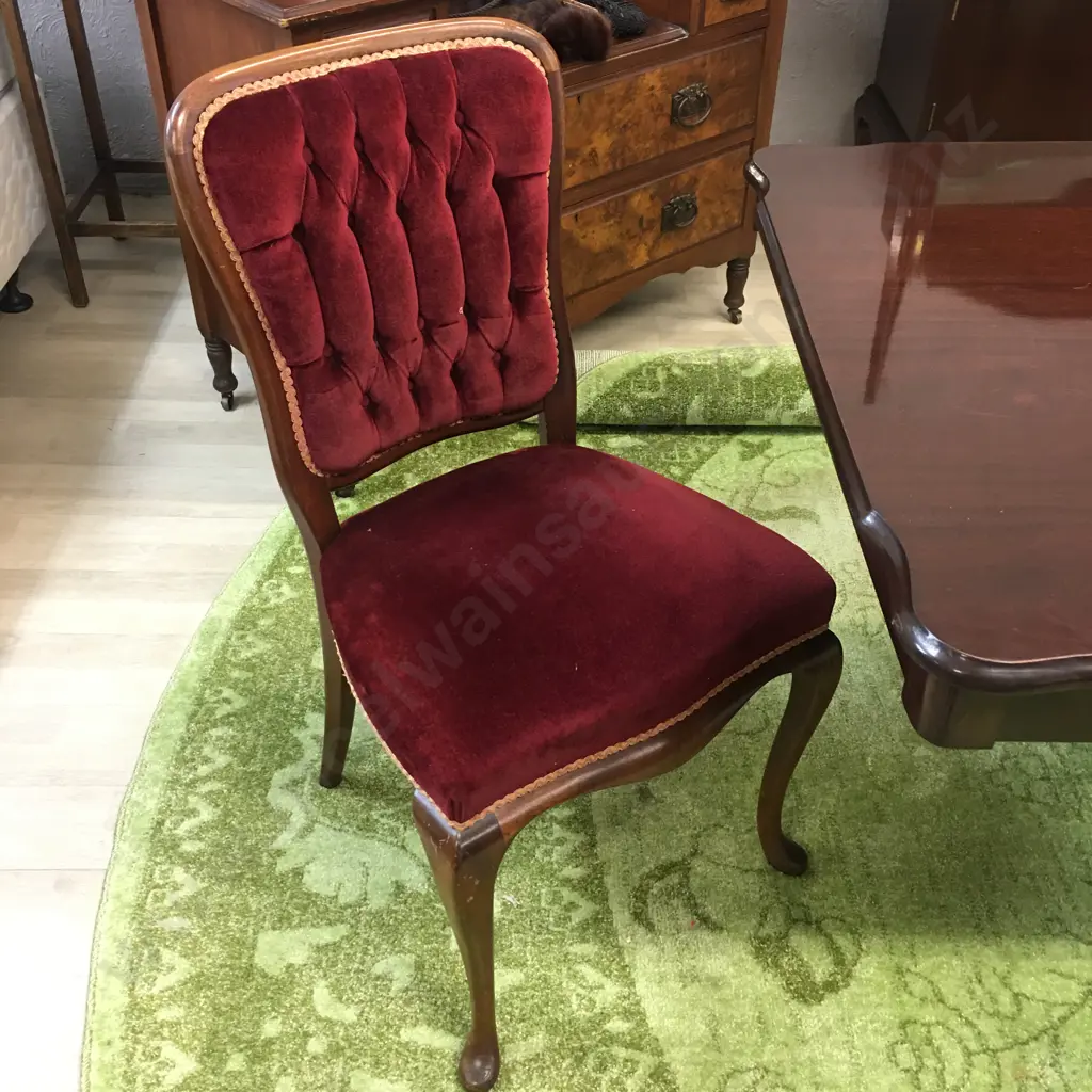 "Du Burg" Mahogany Extension Table, Double Pedestal Brass Claw Feet & 6 Red Velvet Button Back Dining Chairs Image 1++