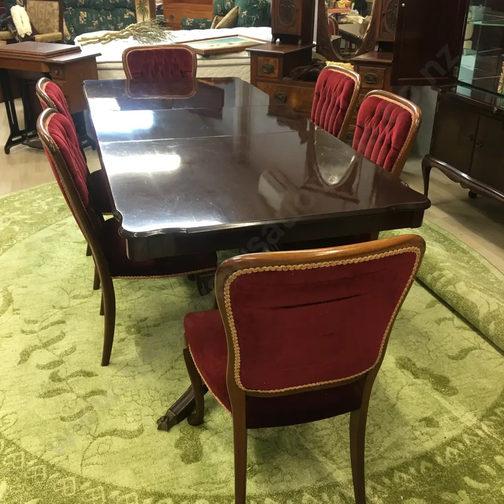"Du Burg" Mahogany Extension Table, Double Pedestal Brass Claw Feet & 6 Red Velvet Button Back Dining Chairs Image 1++