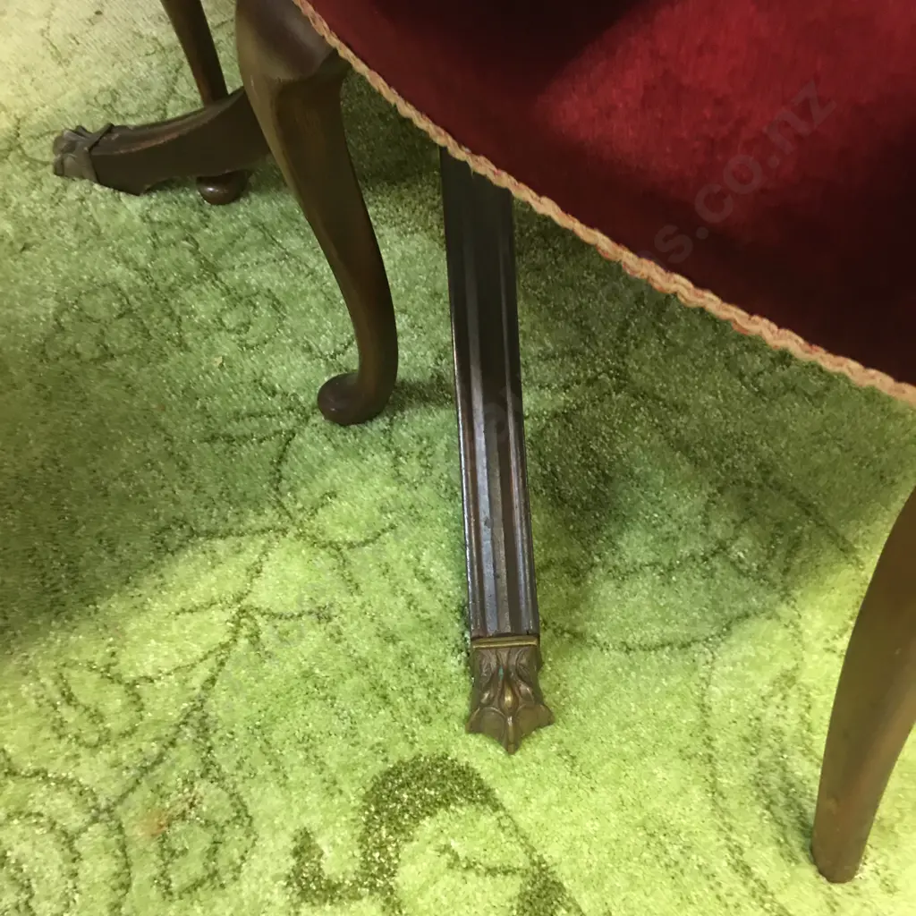 "Du Burg" Mahogany Extension Table, Double Pedestal Brass Claw Feet & 6 Red Velvet Button Back Dining Chairs Image 1++