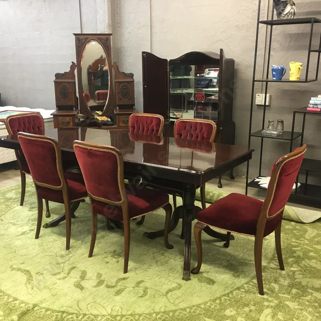 "Du Burg" Mahogany Extension Table, Double Pedestal Brass Claw Feet & 6 Red Velvet Button Back Dining Chairs Image 1++