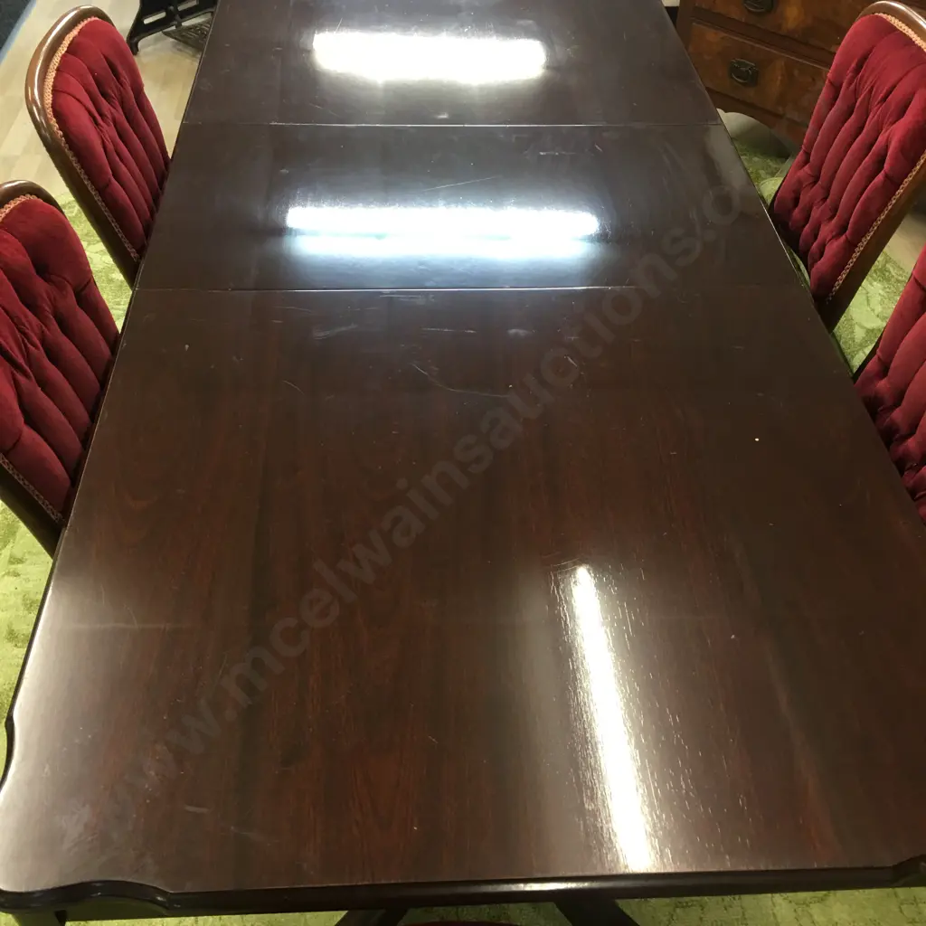 "Du Burg" Mahogany Extension Table, Double Pedestal Brass Claw Feet & 6 Red Velvet Button Back Dining Chairs Image 1++