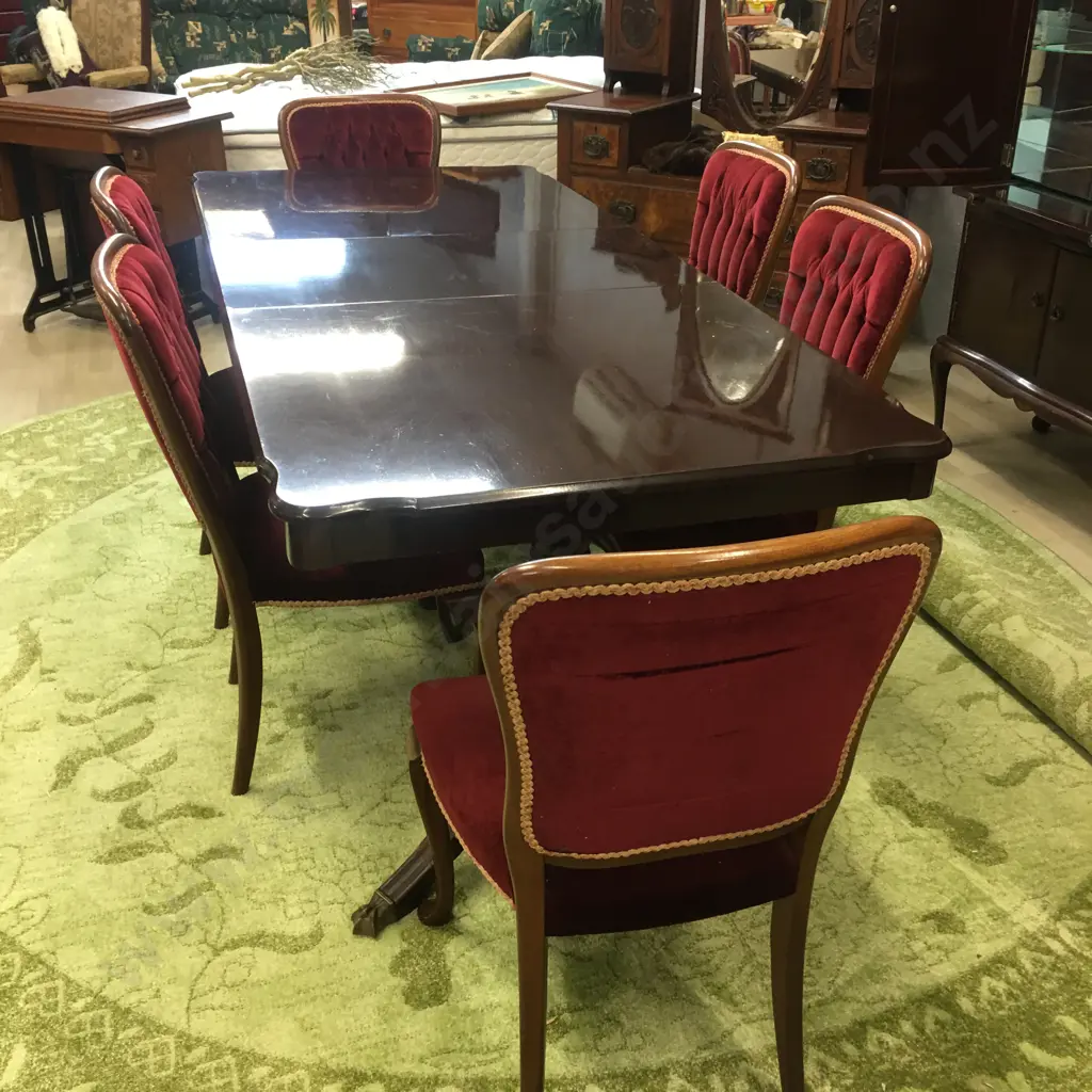 "Du Burg" Mahogany Extension Table, Double Pedestal Brass Claw Feet & 6 Red Velvet Button Back Dining Chairs Image 1++