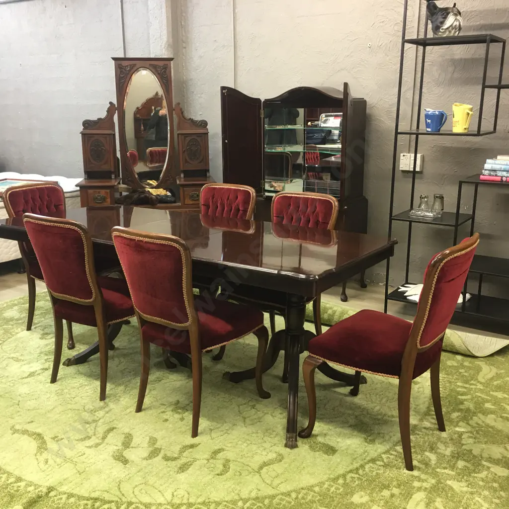"Du Burg" Mahogany Extension Table, Double Pedestal Brass Claw Feet & 6 Red Velvet Button Back Dining Chairs Image 1++
