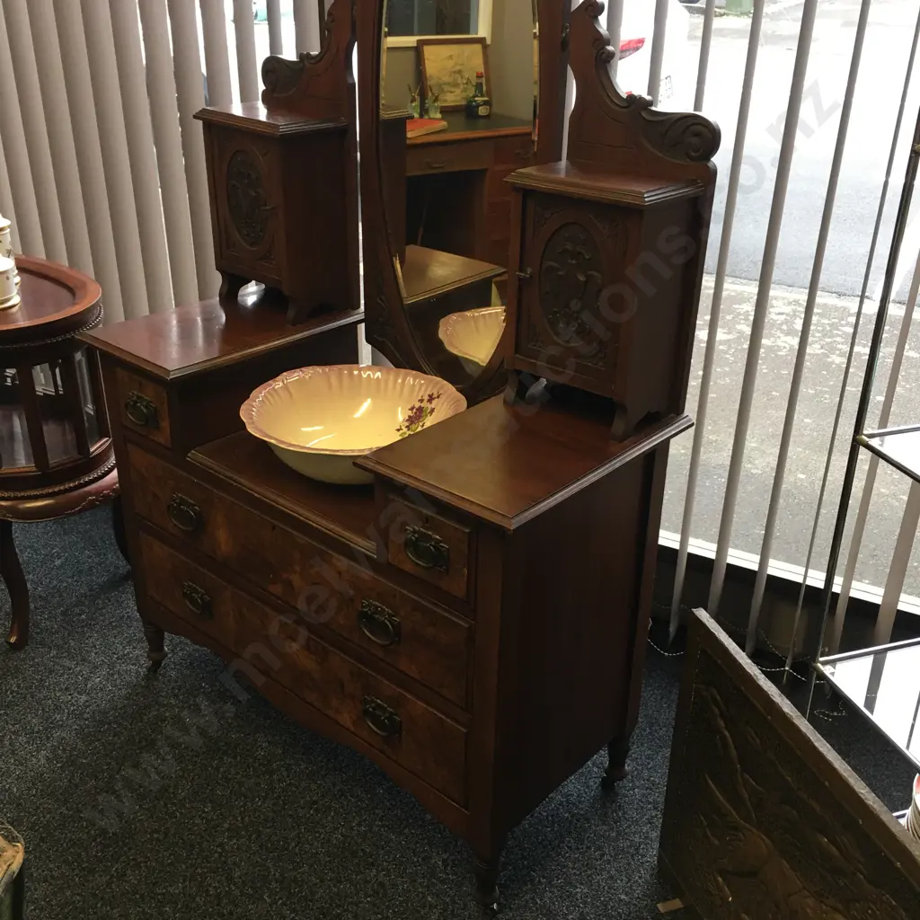 Edwardian Walnut & Burr Walnut Dressing Table, Carved, Bevelled Oval Mirror, Original Handles & Castors, H176 W107 D49cm Image 1++