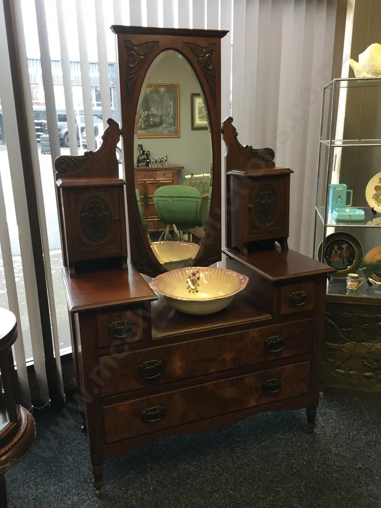 Edwardian Walnut & Burr Walnut Dressing Table, Carved, Bevelled Oval Mirror, Original Handles & Castors, H176 W107 D49cm Image 1++