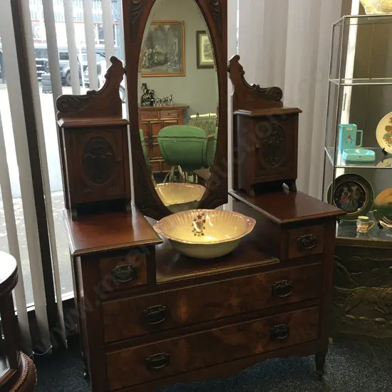 Edwardian Walnut & Burr Walnut Dressing Table, Carved, Bevelled Oval Mirror, Original Handles & Castors, H176 W107 D49cm