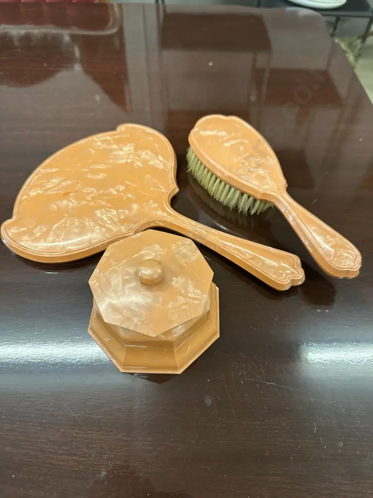 Vintage Dressing Table Set - Brush, Mirror & Lidded Dish Image 1++
