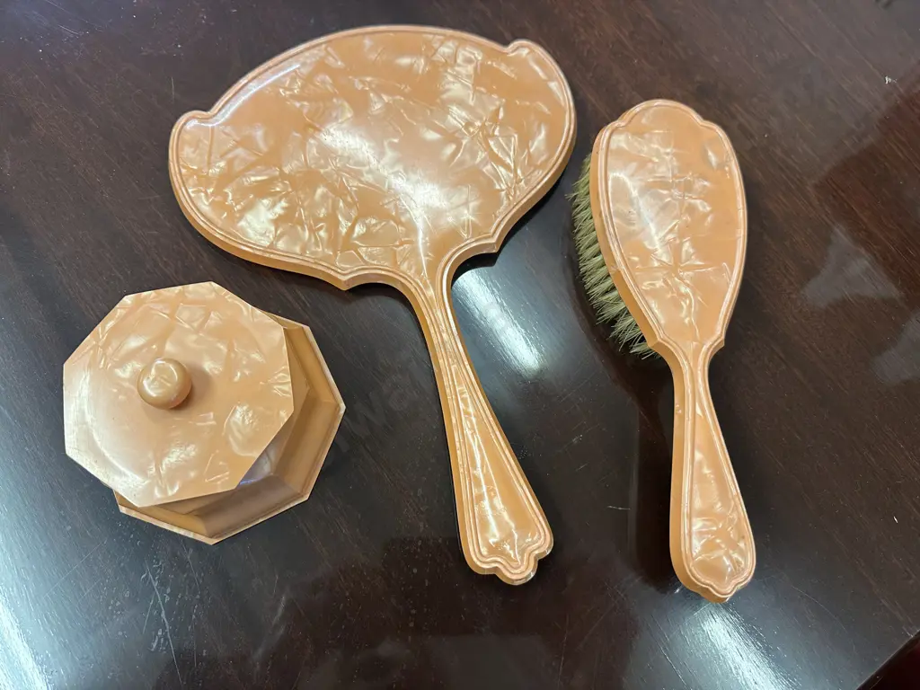 Vintage Dressing Table Set - Brush, Mirror & Lidded Dish Image 1++