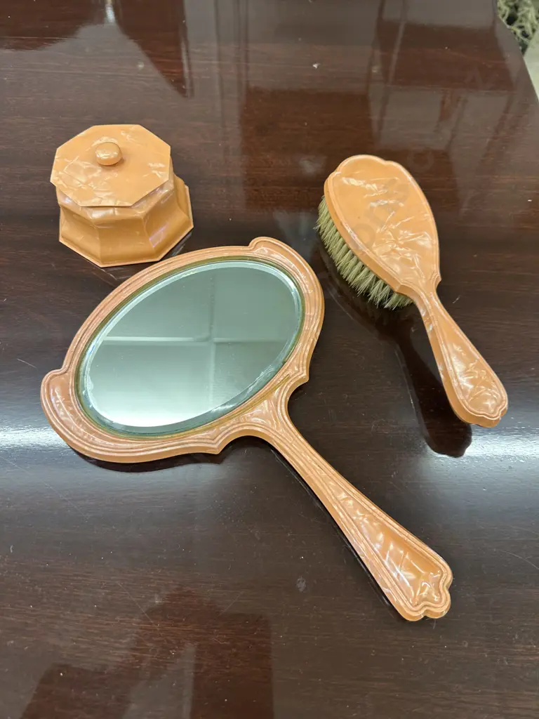 Vintage Dressing Table Set - Brush, Mirror & Lidded Dish Image 1++