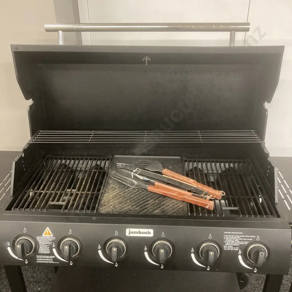 Jumbuck 6 Burner Hooded BBQ With Cover (Very Little Use) & BBQ Tools Image 1++