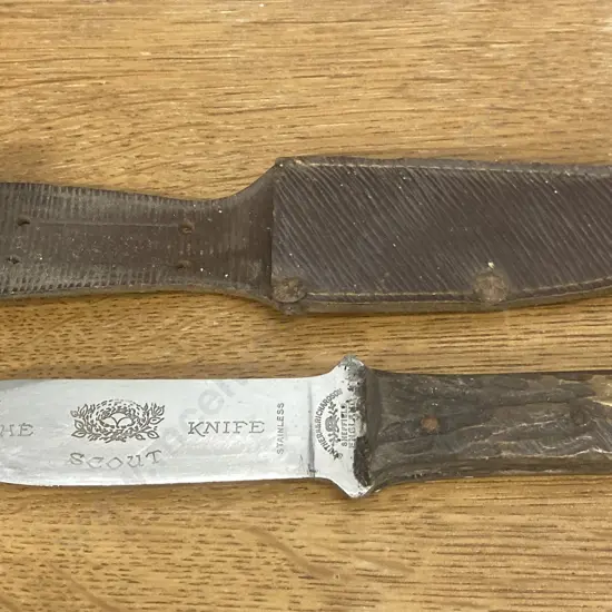 Rare Vintage Southern & Richardson Bone Handled "The Scout Knife" With Original Sheath. 19cm