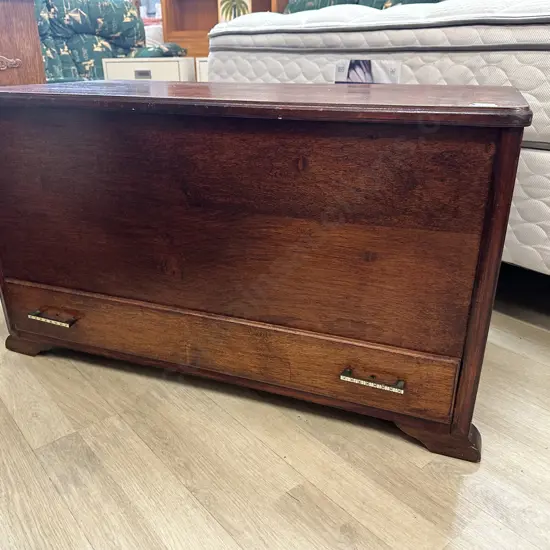 Vintage 1940s Stained Oak Glory Box With Inner Tray & Drawer In Base